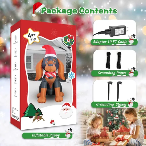Vista 5 de FunFanso Decoración inflable navideña de 4 pies, lindo perro hinchable para patio con LED incorporado, perro navideño con gorro de Santa