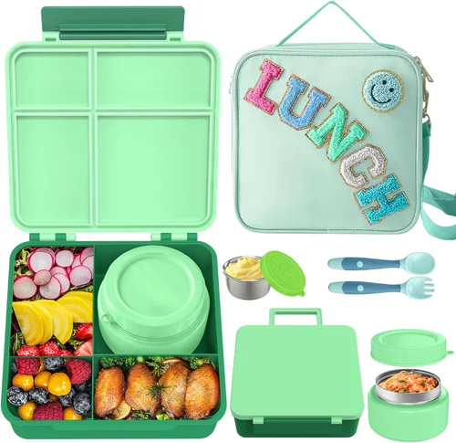 Vista 13 de Aimsnk Caja de almuerzo Bento para niños con termo para sopa de 8oz, contenedores de almuerzo a prueba de fugas para niños con 4 compartimentos