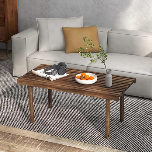 Vista 2 de COSTWAY Mesa de centro de madera de goma de 39 pulgadas, mesa central rectangular moderna con tablero de listones, mesa de té de cóctel rústica