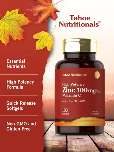 Vista 4 de Carlyle Suplemento de zinc de 100 mg con vitamina C 180 cápsulas blandas Sin OMG, sin gluten Tahoe Nutritionals