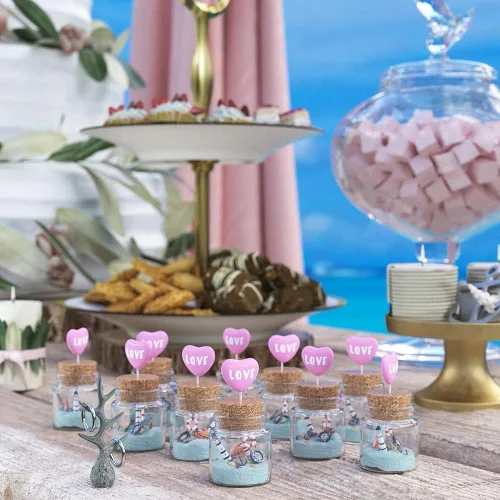 Vista 8 de Danmu Mini botellas de vidrio de 1.7 fl oz, frascos pequeños con tapones de corcho de madera, botellas de mensaje para recuerdos de boda, recuerdos