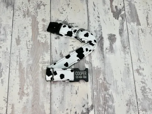 Vista 3 de Collar de perro estilo vaca con hebilla de metal, hecho a mano, collar personalizado grabado personalizado, 1 pulgada de ancho, collares de diseño