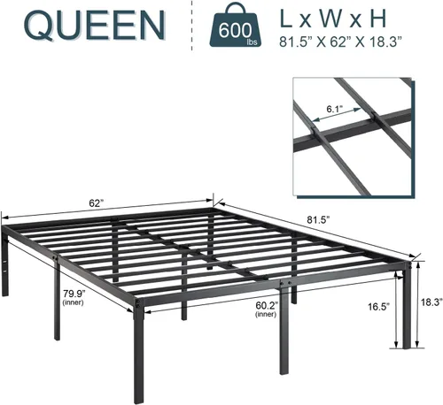 Vista 2 de Base de cama de plataforma de metal de 18 pulgadas, base de colchón de listones de acero resistente, compatible con cabecero, no necesita somier