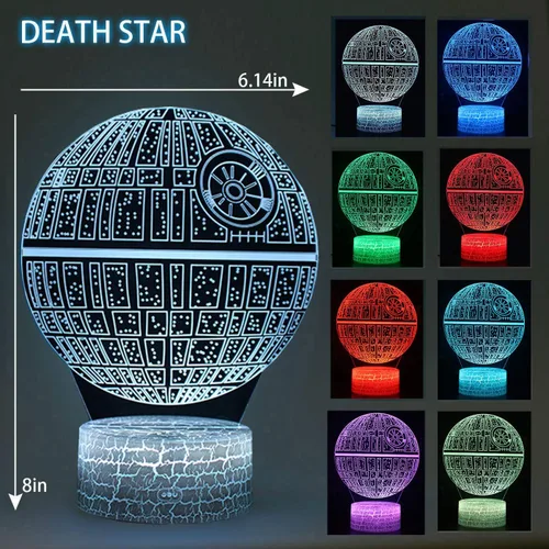 Vista 3 de Ilusión 3D Star Wars Luz nocturna de cuatro patrones de estrella de la muerte/Halcón Milenio/R2 D2/BB-8 Interestelar 7 Cambio de Color Decoración