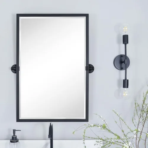 Vista 18 de Espejo rectangular de baño con marco de metal dorado cepillado, espejos de tocador biselados inclinables para pared, total 23.9 x 24 pulgadas