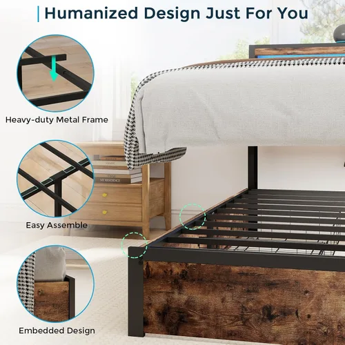 Vista 5 de SADENICEL Base de cama de tamaño matrimonial con almacenamiento, plataforma de cama de madera LED con cabecero, 4 cajones, estación de carga,