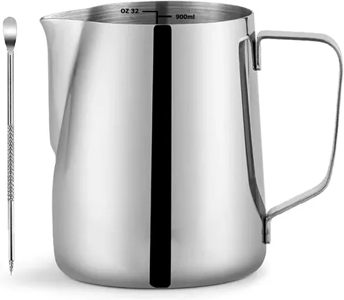 Vista 8 de CAMKYDE Jarra de Espumar Leche de Acero Inoxidable 20 oz, Jarra Vaporizadora de Espresso con Pluma Decorativa para Máquinas de Espresso, Cappuccino
