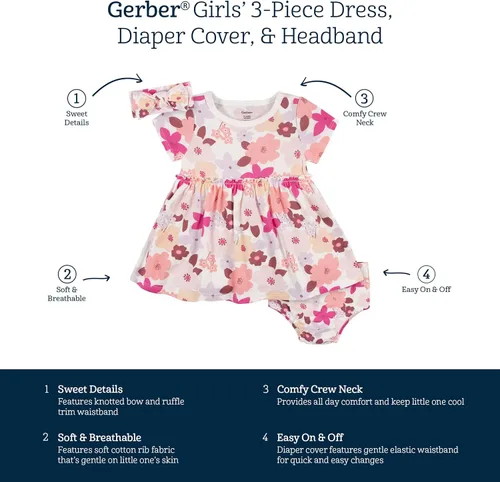 Vista 6 de Gerber baby-girls 3-piece Dress, Diaper Cover and Headband Set