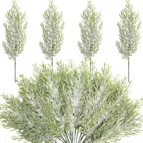 Vista 10 de Alpurple 30 piezas de ramas de pino artificiales con nieve y escarcha de Navidad - 34.3 cm de agujas de pino artificiales con nieve, ramitas - ramas