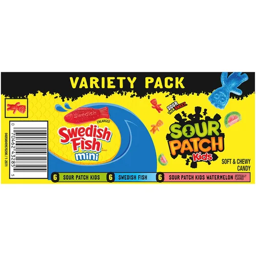 Vista 17 de SOUR PATCH KIDS & SWEDISH FISH Paquete de variedad de dulces suaves y masticables - 18 paquetes individuales de refrigerios