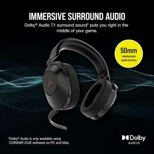 Vista 4 de Corsair Auriculares inalámbricos para juegos HS65 - Auriculares inalámbricos de baja latencia de 2.4 GHz o Bluetooth, Dolby Audio 7.1 sonido