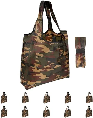 Aricsen Paquete de 10 bolsas de compras reutilizables de camuflaje de 15 x 4.5 x 15 pulgadas con asas a granel, plegables extragrandes resistentes