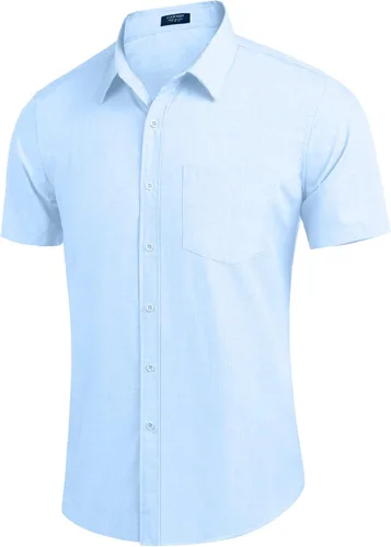 Vista 3 de COOFANDY - Camisa de lino de manga corta con botones estilo informal para hombre, para la playa