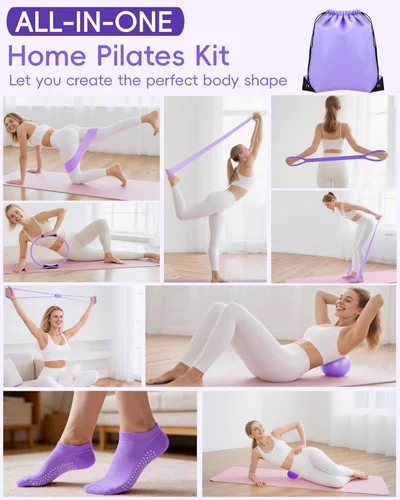 Vista 2 de Home Pilates Essentials Set de equipo de pilates para mujer con guía de usuario completa, anillo de pilates de 13 pulgadas, pelota de ejercicio