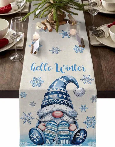 Camino de mesa de gnomos de Navidad de 36 pulgadas de largo, algodón y lino, bufandas de arpillera, cocina, cena, cafetería, decoración de mesa para