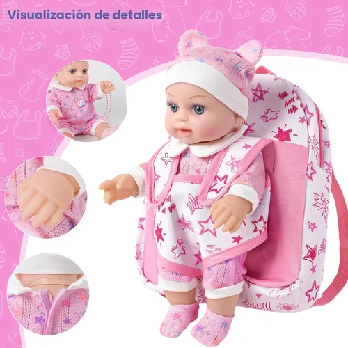 Vista 4 de BDDOLL Muñeca de bebé de 12 pulgadas en caja de regalo con mochila rosa, ropa, biberón y chupete, primeras muñecas de bebé para niños pequeños de 3