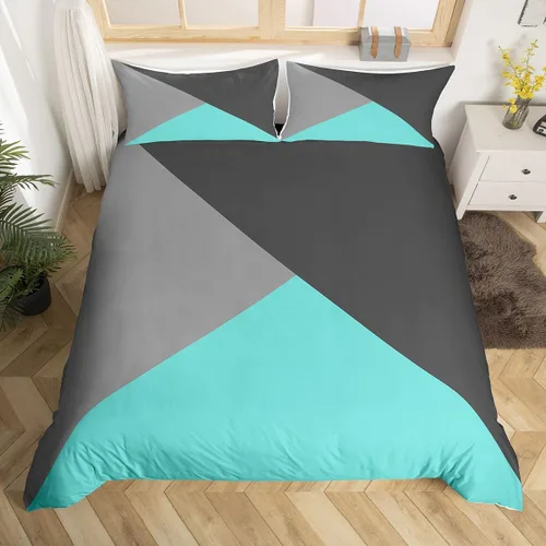 Vista 14 de Juego de ropa de cama con diseño de rayas geométricas de retazos, color naranja, gris y negro, funda de edredón a rayas blancas y gris claro