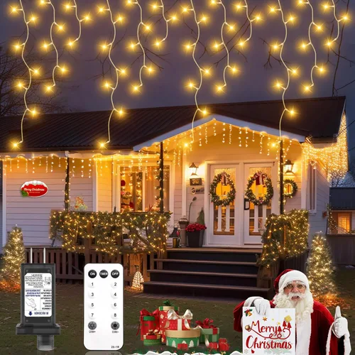 Vista 10 de Luces LED de Carámbanos de 32.8 Pies 502 LED para Exteriores, Luces de Navidad para Exteriores, Decoraciones de Aleros Conectables Luces