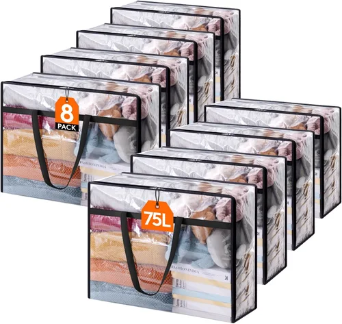 Vista 21 de Lifewit Paquete de 2 bolsas transparentes de almacenamiento de ropa, 75L almacenamiento grande de mantas de plástico, bolsas de mudanza plegables