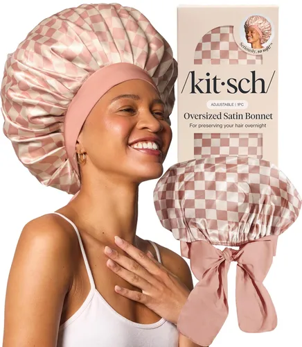 Vista 14 de Kitsch Gorro de satén XL para dormir, más suave que el gorro de seda para mujeres que duermen, ajuste seguro, ajustable, gorra de noche para cabello