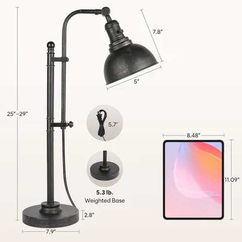 Vista 6 de VONLUCE Lámpara de escritorio rústica de bronce ajustable, lámparas de trabajo de metal de estilo industrial de 25 a 29 pulgadas, luz de trabajo