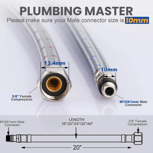 Vista 2 de ARCORA Manguera de grifo de baño de 20 pulgadas, líneas de suministro de nailon trenzado cUPC de compresión hembra de 3/8 pulgadas × conector macho