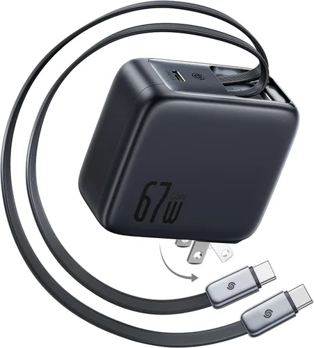 Vista 8 de Baseus Enercore - Cargador USB C de 100 W con cable incorporado retráctil, enchufe plegable de 3 puertos PD adaptador de pared de carga rápida