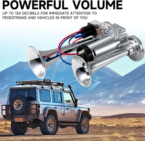 Vista 2 de Bocina de aire de tren de camión de 12 V, kit de bocinas de coche súper ruidosas de 150 DB con compresor para camiones, camiones, trenes, barcos