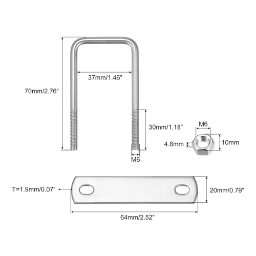 Vista 2 de uxcell Pernos en U cuadrados, 2 juegos 37mm (1.46") de ancho interno 70mm de longitud M6, perno de abrazadera en U de acero inoxidable 304