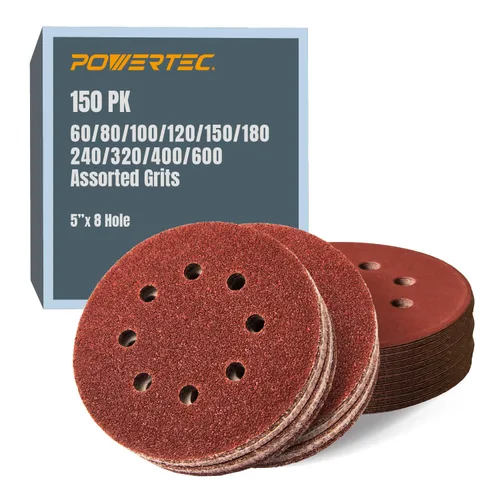 Vista 17 de POWERTEC 25PK, 40 Granos, Discos de Lijado de 5 Pulgadas - Gancho y Bucle, Discos de Lijado de Óxido de Aluminio de 5 Pulgadas de 8 Agujeros