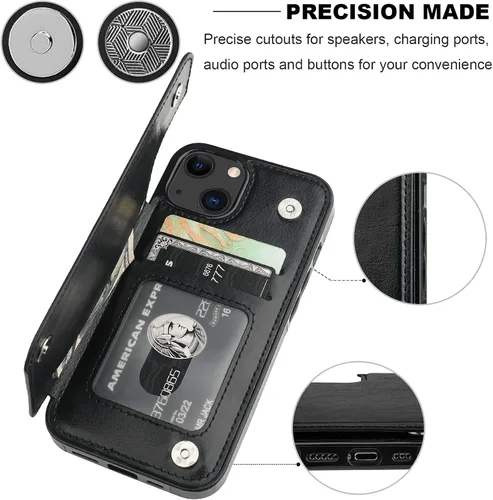 Vista 7 de ONETOP - Funda tipo cartera compatible con iPhone 13 con soporte para tarjetas, funda de piel sintética con ranuras para tarjetas, doble cierre Negro