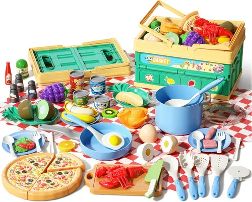 80 piezas de juego de cocina, juego de cocina de imitación para niños pequeños con ollas, sartenes, utensilios de cocina, alimentos, manta de