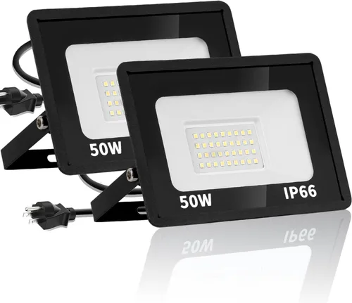 50W LED Flood Light 2 Pack IP66 Waterproof Exterior Security Outdoor Flood Light with Plug Floodlights for Playground, Yard, Stadium, Lawn, Garage,