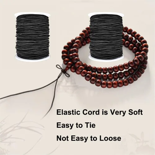 Vista 6 de Cuerda elástica para pulseras, 2 rollos de 1 mm de cuerda elástica resistente para hacer joyas, collares, encordado (negro)