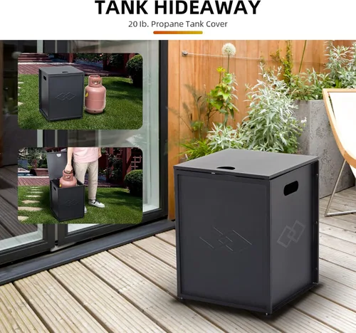 Vista 2 de Mesa de cubierta de tanque de metal de propano para fogatas de gas, mesa auxiliar de almacenamiento para tanque de propano de 20 libras, mesa oculta