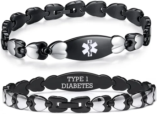 Vista 45 de LinnaLove Pulsera de identificación médica de doble corazón para mujeres 7 1/2 pulgadas de acero inoxidable de moda pulseras de alerta médica
