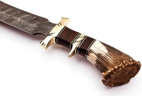 Vista 7 de Cuchillo de caza de acero de Damasco con mango de asta de ciervo con madera de Burl y protector de latón, hoja de fijación de borde afilado hecho a