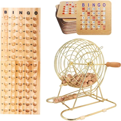 Vista 9 de GSE Games & Sports Expert Juego de Bingo de Lujo con Jaula Grande de Latón, 10 Tarjetas de Bingo con Ventanillas Deslizantes, Tablero Principal
