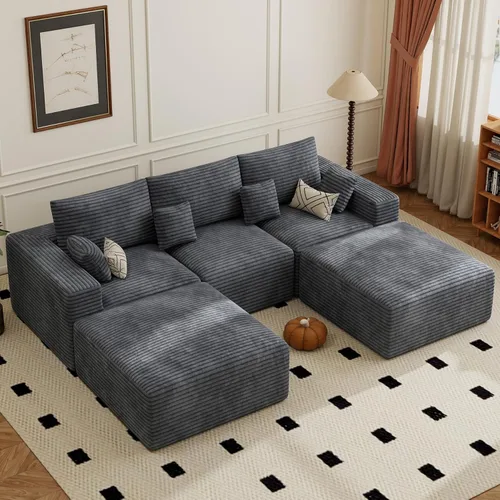 Vista 29 de Sofá cama seccional modular de 113", sofás de nube convertibles para sala de estar con otomana, juego de sofá cama de pana sin estructura de 6 Gris