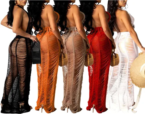 Vista 4 de Vestido largo sexy sin mangas con cuello halter de malla transparente para mujer vestido largo de ganchillo sin espalda de punto para playa