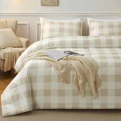 Andency - Juego de cama tamaño individual con diseño de cuadrícula color beige (66 x 90 pulgadas), 2 piezas (1 edredón a cuadros y 1 funda de