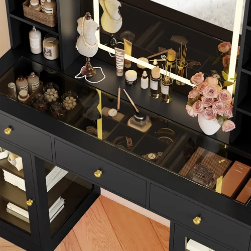 Vista 7 de Escritorio de maquillaje con espejo y luces, tocador negro de 43 pulgadas con parte superior de cristal, almacenamiento de joyas, 3 cajones
