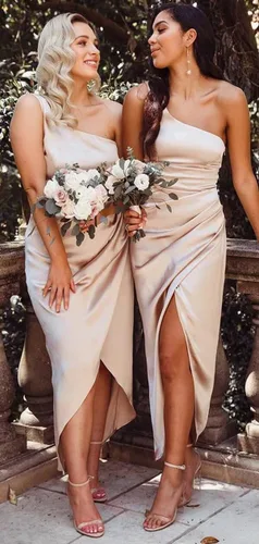 Vista 3 de PAVERJER One Shoulder Bridesmaid Dresses for Women Mermaid High Low Silk Satin Ruched Formal Dresses with Slit