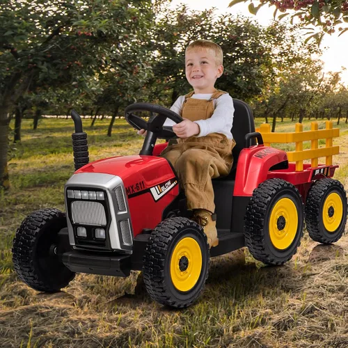 Vista 2 de Tractor eléctrico Nasitip de 12 V con remolque y control remoto Rojo