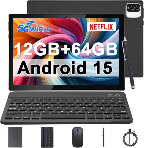 Vista 8 de IWEGGO Tablet Android 15 con funda, 10 pulgadas 12GB RAM+64GB ROM/1TB computadora expandible, tabletas de cámara de 8MP, procesador de cuatro