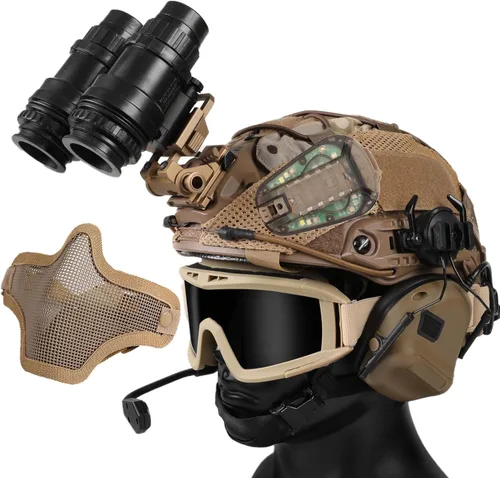 Vista 5 de Casco táctico con auriculares, casco ajustable con cubierta y máscara facial para equipo táctico de cosplay, airsoft y militar