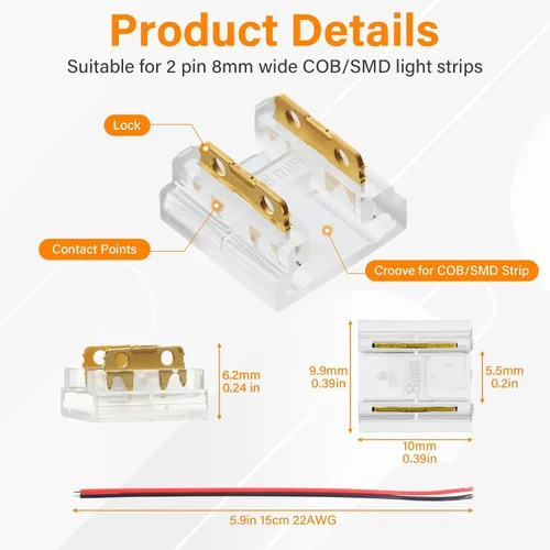 Vista 4 de 20 piezas de conectores de tira de luz LED premium HFACOWK, conector de luz LED soldado sin soldadura transparente de 2 pines de 8 mm con 10 cables