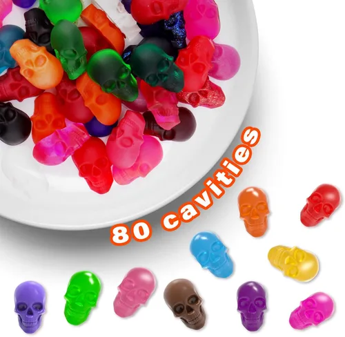 Vista 3 de BUSOHA Moldes de silicona para caramelos de calavera gomosa, paquete de 2 moldes de silicona antiadherentes de 40 cavidades con 1 cuentagotas