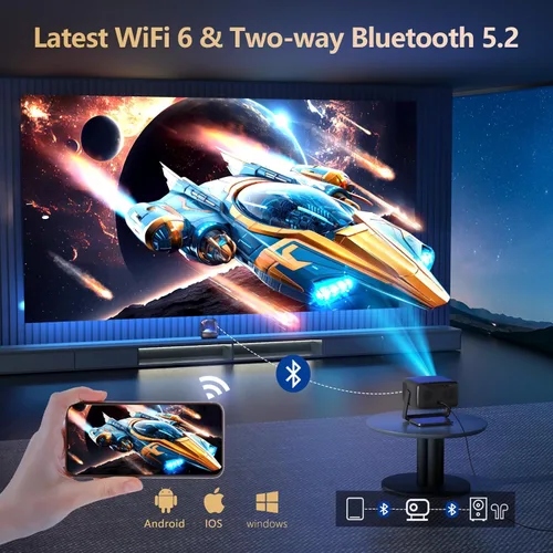 Vista 7 de 3200 ANSI/Aplicaciones oficiales/Proyector 4K con soporte de 360° con WiFi y Bluetooth, enfoque automático, proyector de corto alcance Keystone