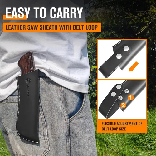 Vista 4 de Sierra de podar plegable de 7 pulgadas con funda de cuero y mango de madera de wengué, hoja de acero SK5, sierra de mano plegable para campamento